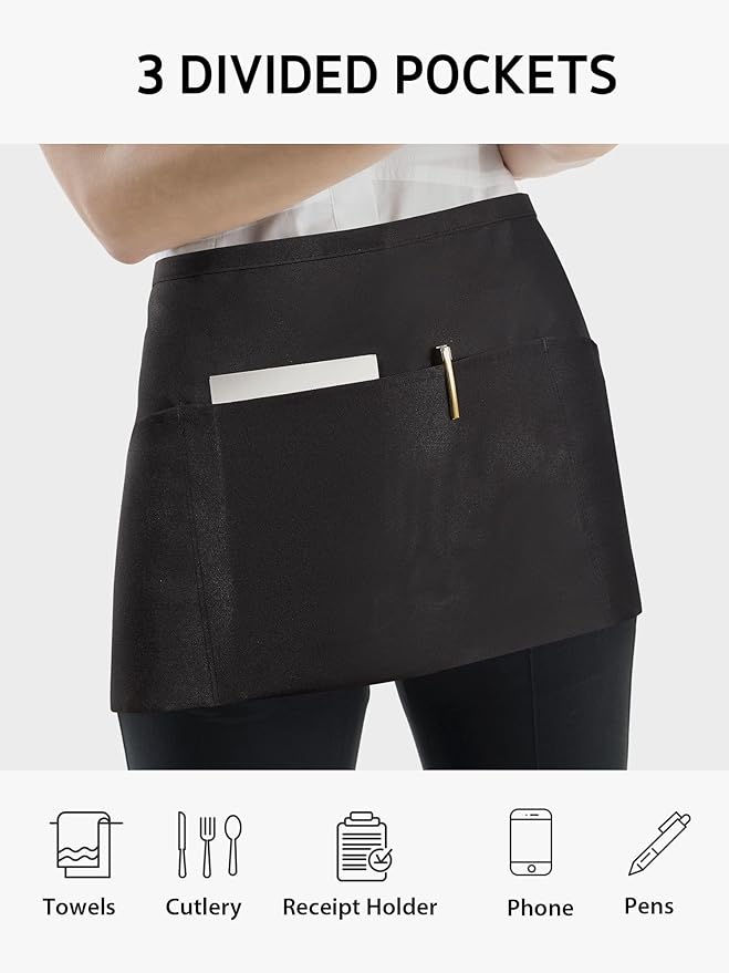Syntus 6 Pack Server Apron with 3 Pockets, Waterdrop Resistant Waitress Waiter Waist Apron, 11.5-inch Black
