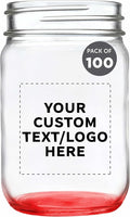 DISCOUNT PROMOS Custom Decorating Mason Jars 12 oz. Set of 100, Personalized Bulk Pack - Glass Jars for Overnight Oats, Candies, Fruits, Pickles, Spices, Beverages - Red