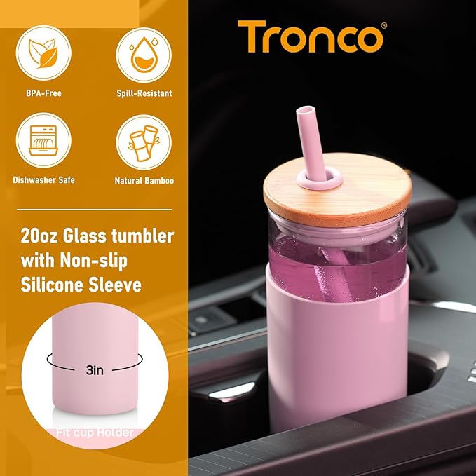 Tronco 20 oz Glass Tumbler with Lid and Straw, Reusable Iced Coffee Cup with Silicone Sleeve & Bamboo Lid, Smoothie Cup for Home, Office, for Father Men Day Gift from Wife Daughter Son (Black)