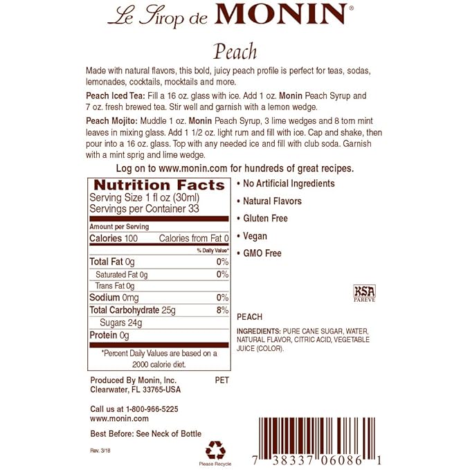 Monin - Peach Syrup, Fresh and Juicy Flavors, Great for Iced Teas, Lemonades, and Sodas, Non-GMO, Gluten-Free (1 Liter, 2-Pack)