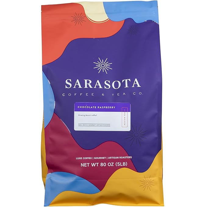 Sarasota Coffee Ground Chocolate Raspberry | Medium Roast Gourmet Flavored Coffee Grounds | Low Acid, Mold Free, Specialty Grade Flavored Bulk Ground Coffee | 5lb (80 oz)