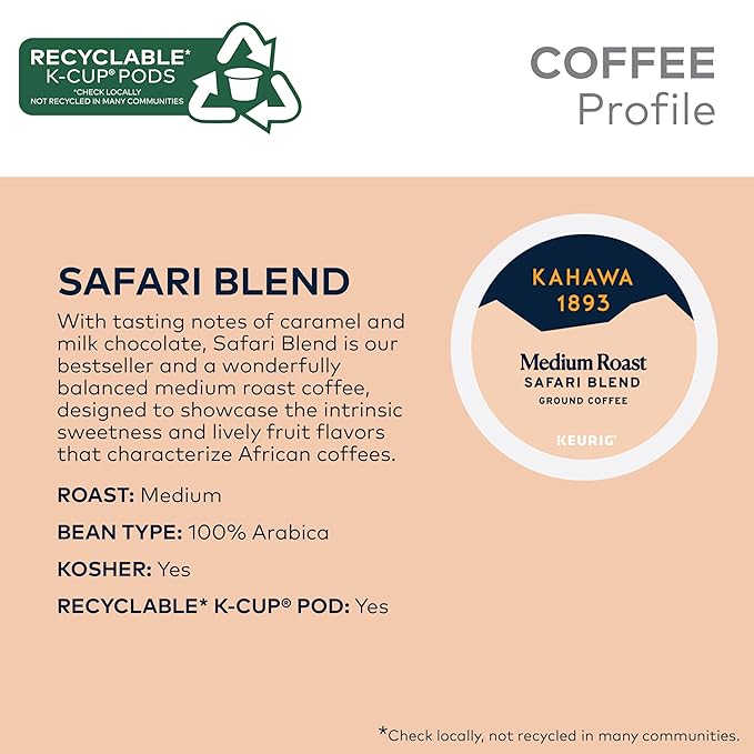 Kahawa 1893 Medium Roast Coffee K-Cup Pods Safari Blend (20 Count) - As Seen on Shark Tank, High Antioxidants, Naturally Sweet, Organically Grown & Cultivated, Ethically & Sustainably Sourced