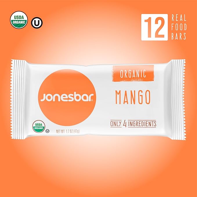 JONESBAR Organic Plant Based Protein Bars | Mango Almond | Fruit & Nut Bar, Kosher, Gluten Free, Paleo Breakfast Bars, School Snacks, Vegan Snack & Healthy Snacks for Adults and Kids (Pack of 12)