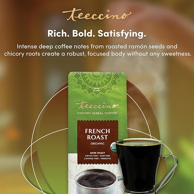 Teeccino French Roast Chicory Coffee Alternative - Ground Herbal Coffee That’s Prebiotic, Caffeine-Free & Acid Free, Dark Roast, 11 Ounce (Pack of 6)