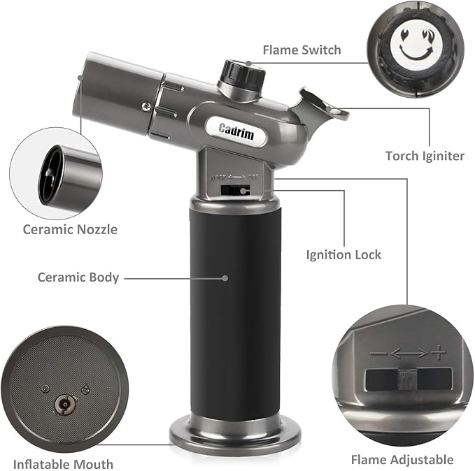 Cadrim Butane Torch, Refillable Pro Culinary Blow Torch Double Fire Cooking Torch and Small Adjustable Flame Kitchen Torch for Creme Brulee, Baking BBQ (Black)