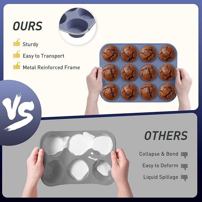 2 Pack 12 Cups Silicone Muffin Pan with Metal Reinforced Frame Regular Size Silicone Molds Cupcake Cake Baking Pans Baking Cupcake Mold Best Baking Pans Tart Pan Sheet Set Reusable Cupcake Liners
