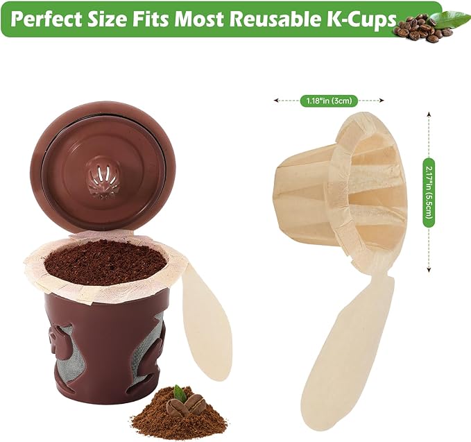 Aussen Disposable Coffee Paper Filters Replacement Kerig Filter Fit All Keurig Single Serve Filter Brands Compatible with Reusable Single Serve Pods Keurig Coffee Maker (Natural with Lid, 200pcs)