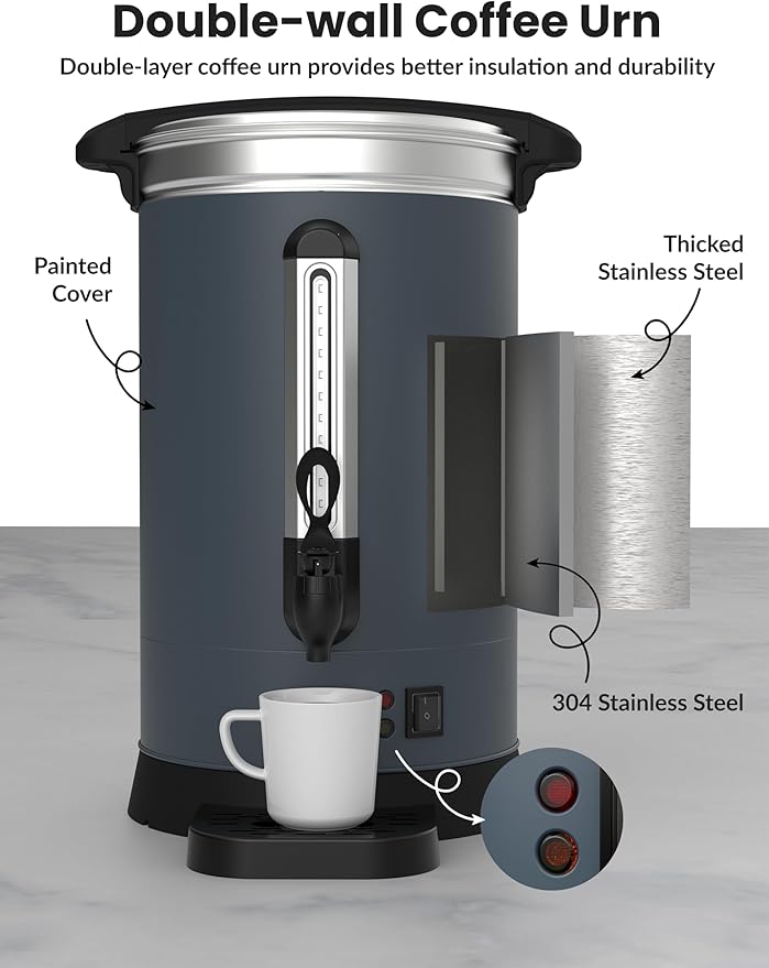 120 Cups Coffee Urn,18L Double Wall Commerical Coffee Maker for Buffet Catering Wedding Gathering,Large Capacity Hot Coffee Dispenser, Stainless Steel Hot Water Urn