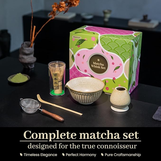 Matcha Set - Match Bowl with Spout and Whisk, 11 OZ, Scoop, Whisk and Holder, Sifter - 5pc Perfect Matcha Kit for Tea Ceremony (Mottled vintage)