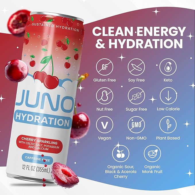 JUNO HYDRATION Organic Cherry Sparkling Drink - Sugar Free Electrolytes Organic Monk Fruit, Sour Cherry Juice, Black Cherry Extract and Hydrating with Celtic Salt, Potassium, Calcium - Premium Refreshing Beverage, 12 Pack