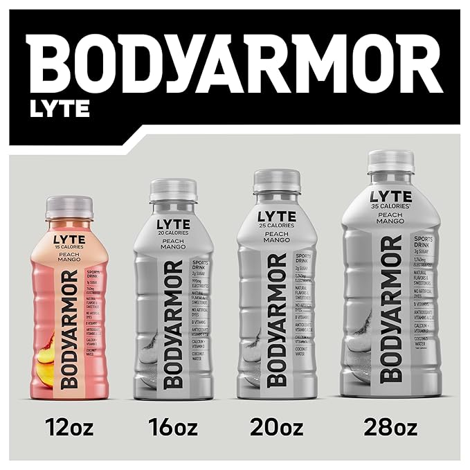 BODYARMOR LYTE Sports Drink Low-Calorie Sports Beverage, Peach Mango, Coconut Water Hydration, Natural Flavors With Vitamins, Potassium-Packed Electrolytes, Perfect For Athletes, 12 Fl Oz (Pack of 8)