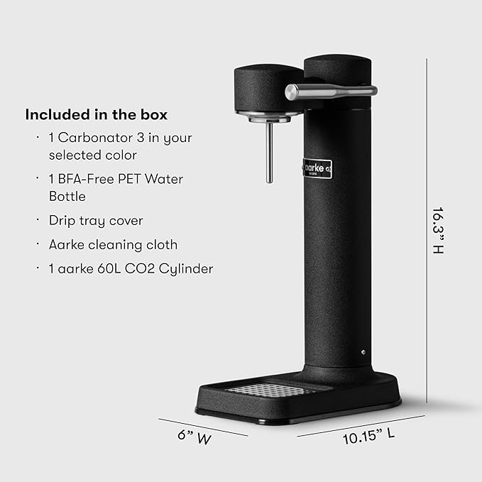 Aarke Carbonator lll with CO2 Cylinder, Sparkling & Carbonation Water Machine, Stainless Steel with PET BPA-Free Reusable Bottle Volume 1L/34 fl oz (Matte Black)
