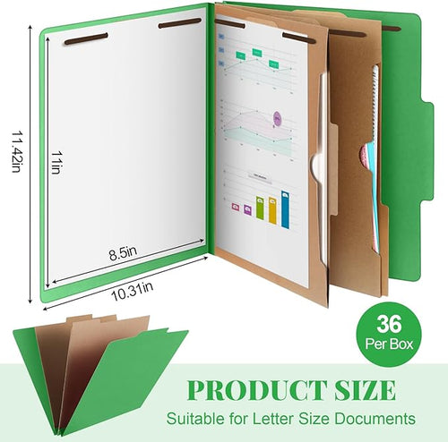 36 Pcs Classification Folders Letter Size, Back to School Supply for Teacher, Student, 2 Pocket Dividers Pressboard File Folder Bulk with 2 Fasteners, 2 in Expanding File Organizer (Green)