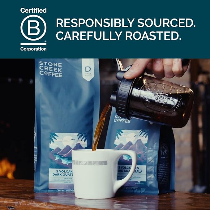 Stone Creek Coffee Dark Roast Ground Coffee – 12 Ounce (Pack of 1) – Smooth and Chocolatey Fresh Roasted Coffee Beans with Rich and Fruity Tasting Notes, 3 Volcanoes Dark Guatemala