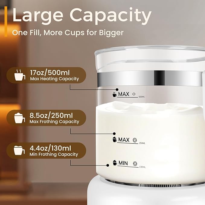 Milk Frother and Steamer, 6 in 1 Milk Steamer and Milk Warmer, 17oz Auto Shut Off Electric Frother with Touch Screen, Hot/Cold Foam Maker for Coffee, Latte, Cappuccino, Hot Chocolate