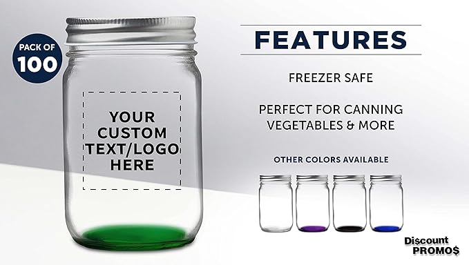 DISCOUNT PROMOS 100 Decorating Mason Jars Set, 12 oz. - Customizable Text, Logo - Canning, Aluminum Lid - Green