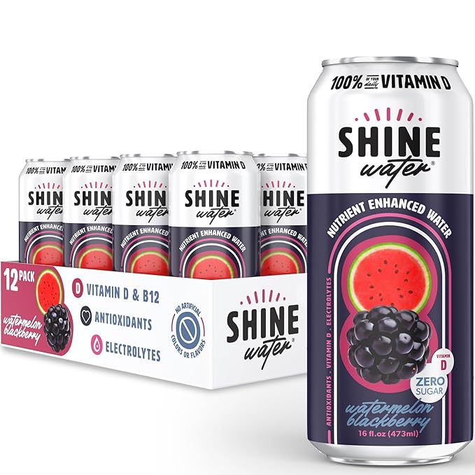ShineWater Watermelon Blackberry Vitamin D Electrolyte Drink | Zero Sugar Hydration Beverage with Magnesium, Zinc & Antioxidants | Low Calorie Plant-Based Vitamin Water | 12 Pack