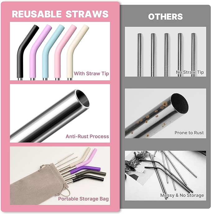 Metal Straw Reusable for Stanley Cup 40 oz Tumbler, Stainless Steel Replacement Straight Straw for Simple Modern, Meoky, Owala Tumbler for 40 oz Tumblers, Cleaning Brush, 1 Portable Bag