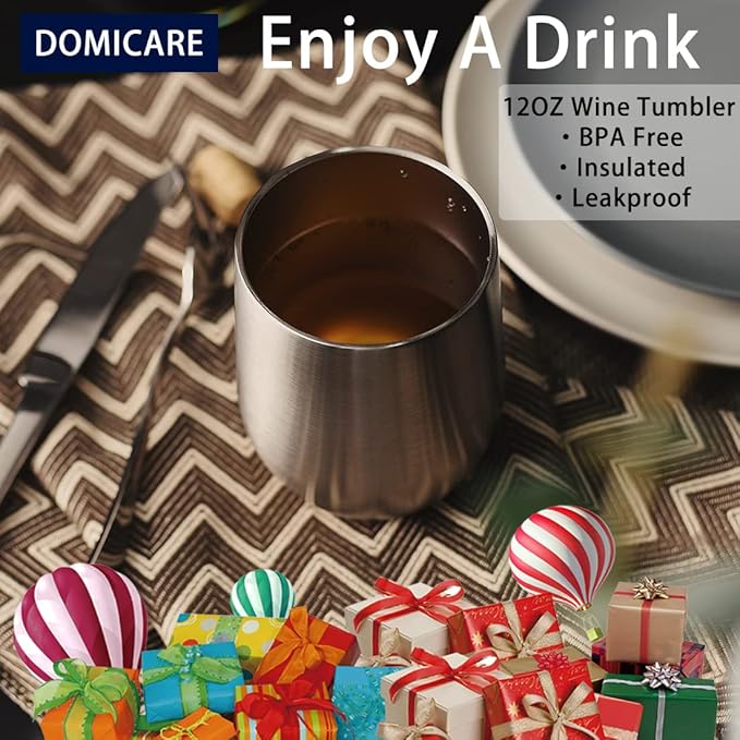 DOMICARE Stainless Steel Wine Tumbler Bulk with Lid, Personalized Insulated Tumblers Set, 12oz Travel Coffee Cups Pack of 4, Stainless steel