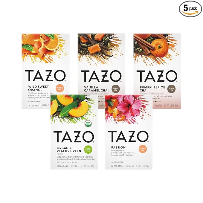 TAZO Tea Bags, Passion, Pumpkin Chai, Vanilla Caramel Chai, Wild Sweet Orange, Peachy Green, 20 CT (1ea) (Variety Pack)