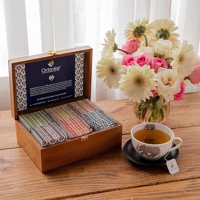 Octavius Gift's Select - Assorted Tea in Lotus Printed Wooden Box | 6 Flavors, 90 Tea Bags | Black & Green Tea | Tea Gifts for Women & Men | Tea Variety Pack | Mothers Day Tea Gift Box