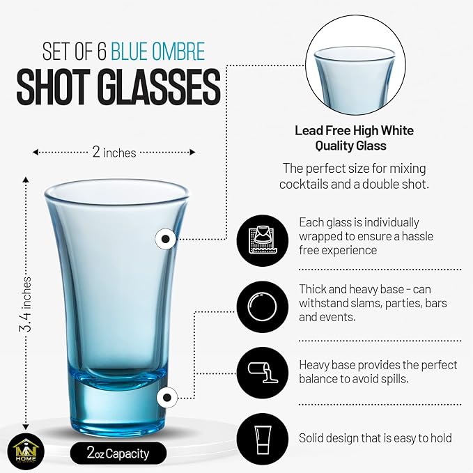 M&N HOME Ombre Blue Shot Glass Set, 2 Oz Set of 6 Colored Shot shot glasses, Whiskey Glasses, Tequila Shot Glasses, Cocktail Glasses, Round Shot Glasses for Vodka, Spirits & Liquor (Gradient Blue)