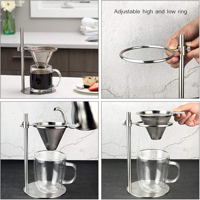 Stainless Steel Adjustable Pour Over Coffee Maker, Adjustable Stand, Double Layer Filter, Freestanding Drip Cone Brewer and Stand, Make Coffee Directly into Mug, Cup or