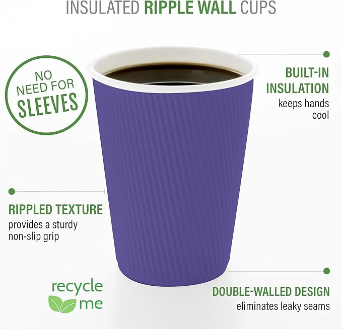 Restaurantware 8 Ounce Double Wall Disposable Coffee Cups, 500 Insulated Royal Purple Paper Tumblers with Ripple Wall Design, Lids Sold Separately for Hot Drinks like Tea, Hot Chocolate, and More