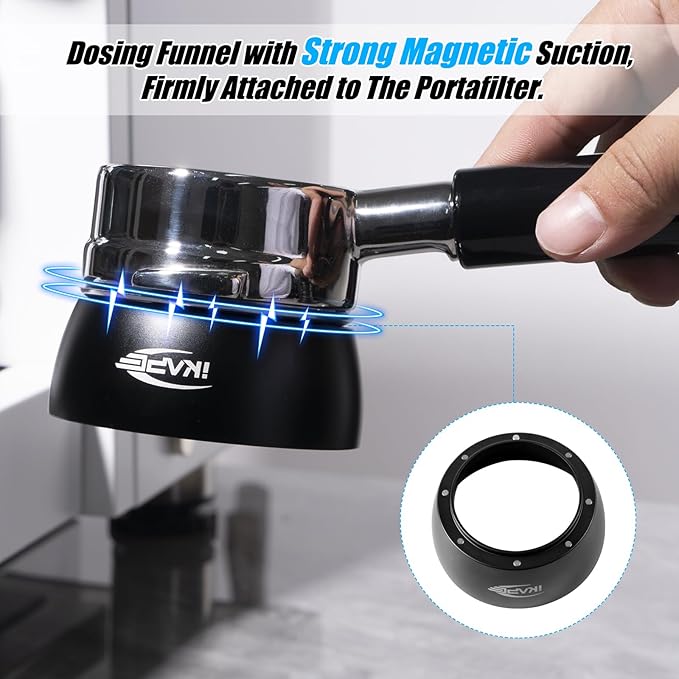 IKAPE Magnetic Dosing Funnel Set, 53MM Espresso Dosing Ring & Puck Screen Kit Compatible with Breville 54MM Bottomless Portafilter - with 8 Small Magnet (Black)