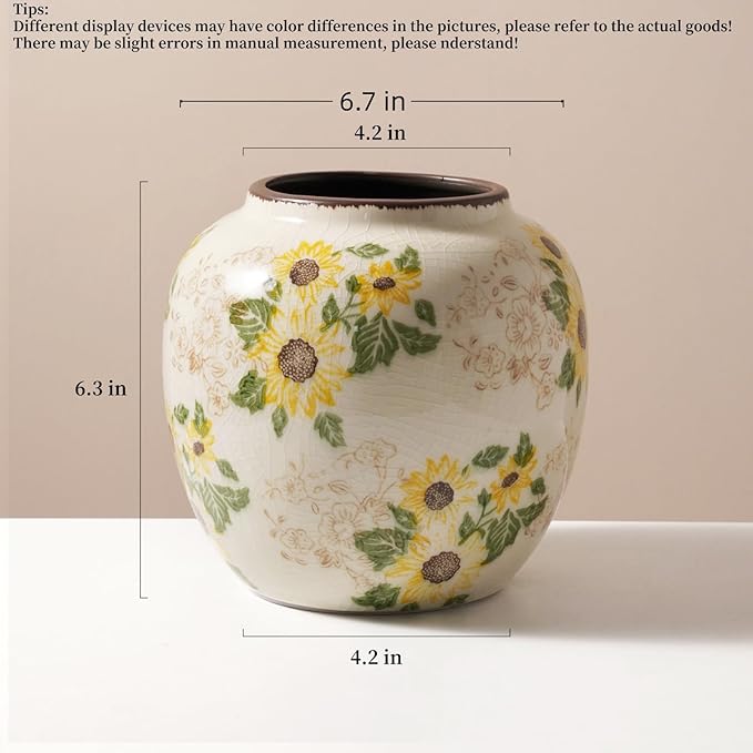 Round Pastoral Ceramic Vase, 6.3 Inch Chinoiserie Sunflower Yellow Floral Vases, Retro Ice Cracked Rustic Antique Flower Vases for Rustic Living Room Home Decor (Large Round)