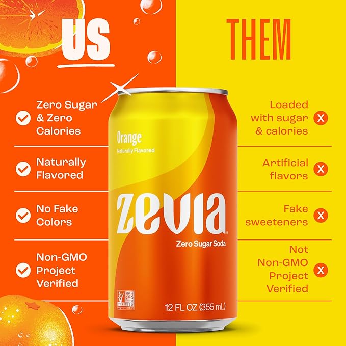 Zevia Zero Sugar Soda, Orange, 12 oz Cans (24-Pack) – Naturally Sweetened, Non-GMO Project Verified, Gluten-Free, Vegan