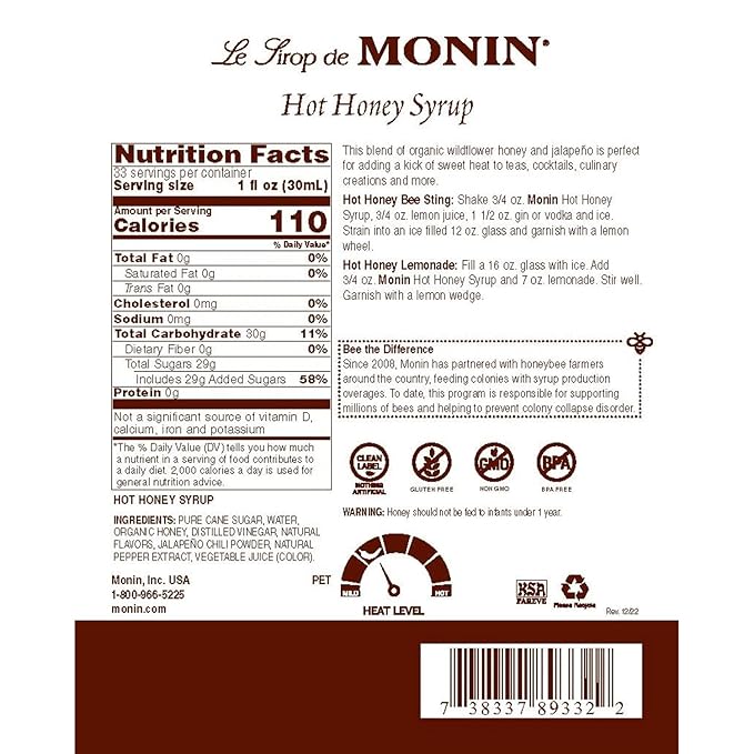 Monin - Hot Honey Syrup, Robust Sweet & Spicy Flavors, Great for Lemonades, Teas, Cocktails, Culinary Recipes, & More, No Artificial Sweeteners, Gluten-Free, Non-GMO, Clean Label (1 Liter)