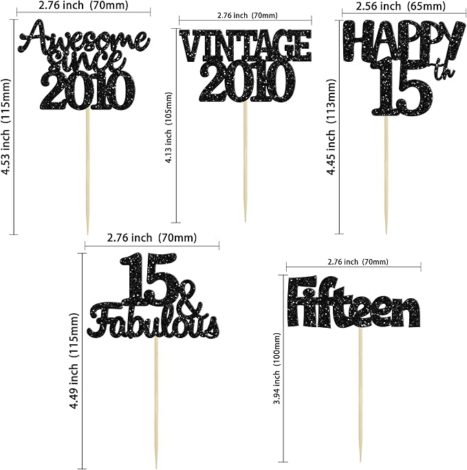 Gyufise 30Pcs Vintage 2010 Cupcake Toppers Glitter Sweet 15 Happy 15th Cupcake Picks Happy 15th Birthday Cake Decorations for Happy 15th Birthday Fabulous Anniversary Party Supplies Black