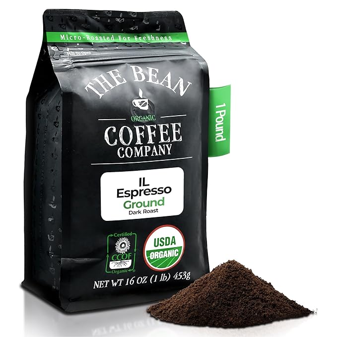 The Bean Organic Coffee Company Il Espresso, Classic Dark Roast, Ground Coffee, 16-Ounce Bag, Café molido tostado orgánico