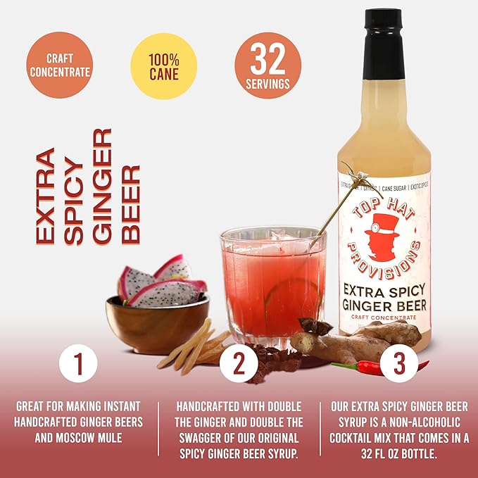 Top Hat Extra Spicy Ginger Beer Syrup - Spicy Ginger Syrup for Soda Makers - Makes 32 Craft Sodas, Mules, Cocktails, Mocktails - Compatible with SodaStream - Just add Soda Water - 32oz bottle