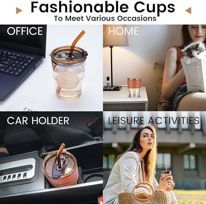 Iced Coffee Cup, 15Oz/450ml Glass Cups With Lids And Straws, Iced Coffee Glasses Tumbler, Thick Wall Glass Mug For Tea Water With 2 Straw And Leather Sleeve, Xmas Gifts (Amber 2PCS)