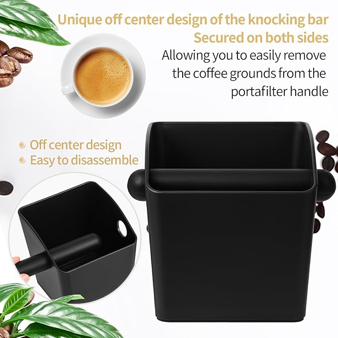 Large Square Knock Box Shock-absorbent Knock Box Espresso with Removable Knock Bar and Non-Slip Base Espresso Accessories for Home/Office (Large Black Knock Box with Tamper Mat)