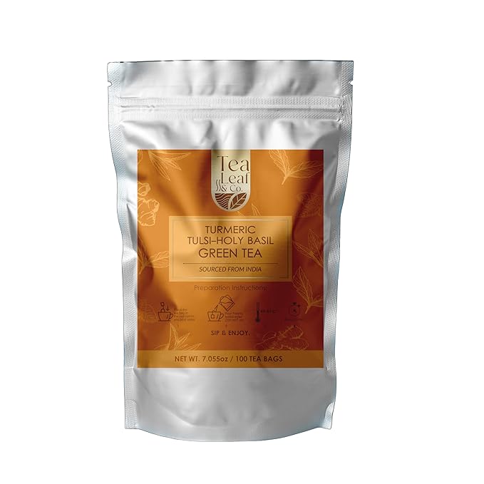 Tealeaf & Co. Turmeric Tulsi Holy Basil Green Tea - Turmeric, Tulsi & Peppermint Tea Blended with Fresh Herbs & Spices - Low Caffeine & Vegan - 100 Teabags (7.055oz/200gm)