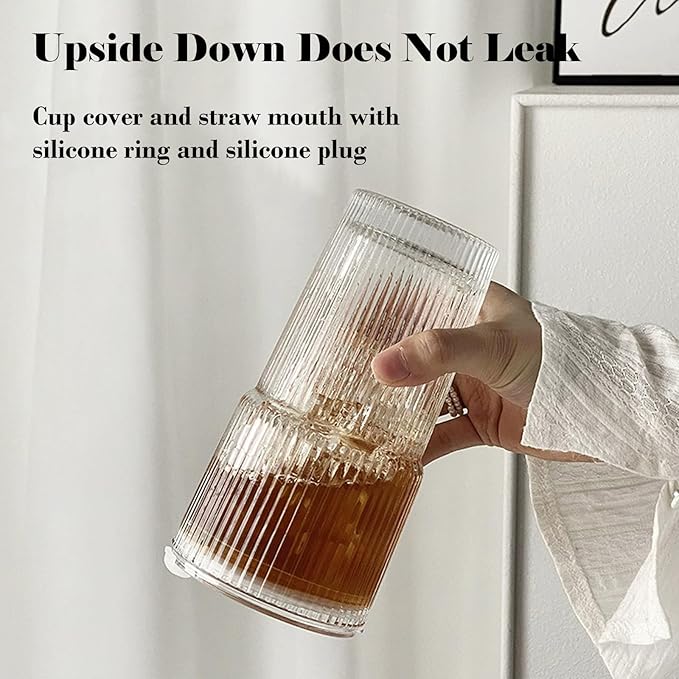 2 Pack Iced Coffee Cup with Lids, 20oz Clear Glass Tumbler with Straw & Lid, Ribbed Glassware Cups, Dishwasher Safe Drinking Glasses, Stylish Glass Cups for Coffee, Juice, Tea, Matcha