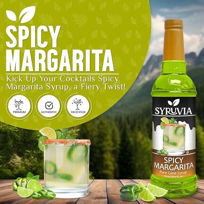 Syruvia Spicy Margarita Mix Syrup For Drinks 25.4 Oz. - Kosher & Gluten Free, No Coloring, Perfect for Drinks, Soda, Shakes, Desserts, and More.