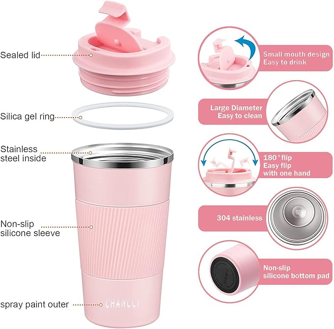 Travel Coffee Mug Spill Proof Leakproof 16 oz Insulated Coffee Mug with Screw Lid, Stainless Steel Vacuum Tumbler Reusable Thermal Coffee Cup to go for Hot and Cold Drinks -510ml,Pink