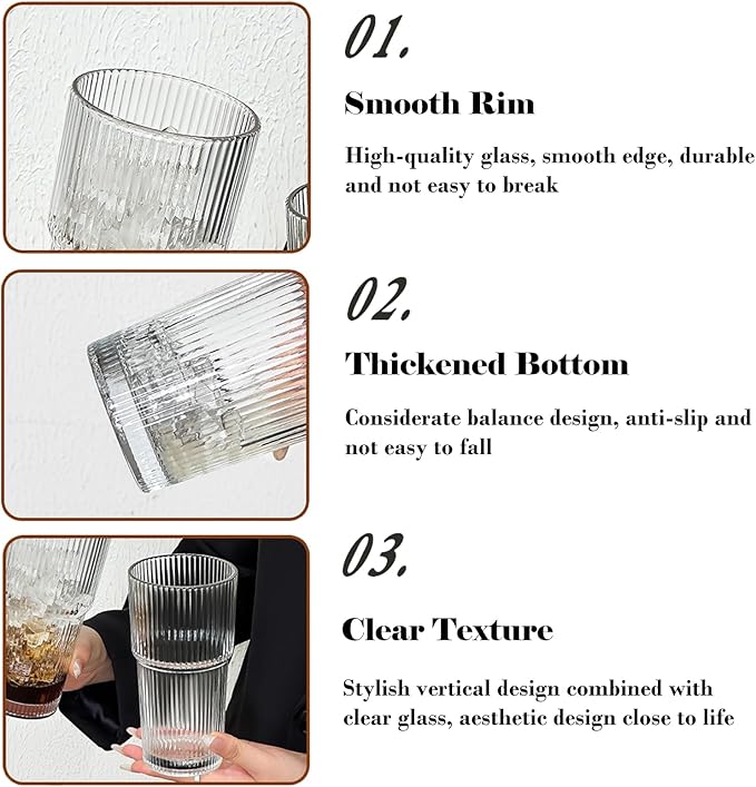 2 Pack Iced Coffee Cup with Lids, 20oz Clear Glass Tumbler with Straw & Lid, Ribbed Glassware Cups, Dishwasher Safe Drinking Glasses, Stylish Glass Cups for Coffee, Juice, Tea, Matcha
