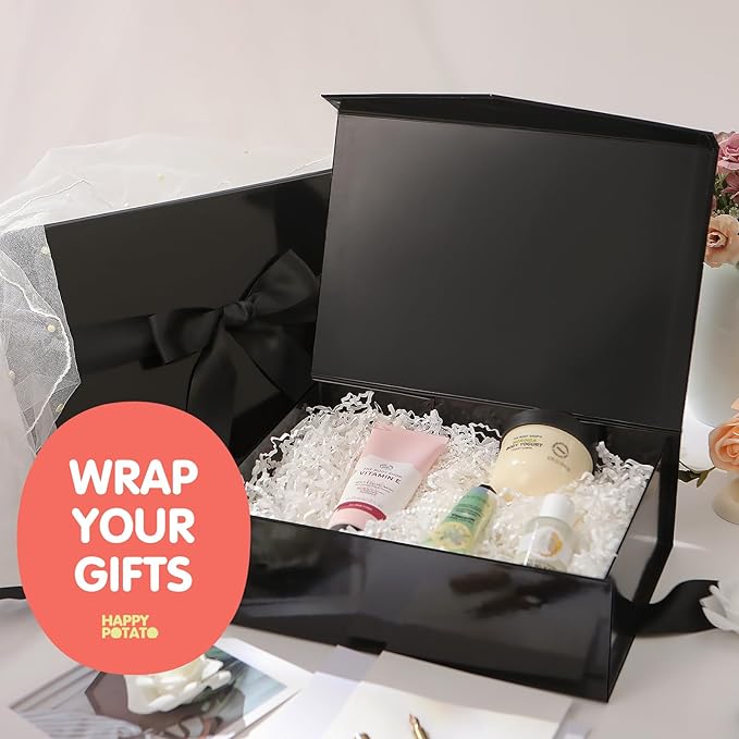 HAPPY POTATO 5 Large Gift Boxes with Ribbon 11.5x8.1x3.8 Inches, Black Boxes with Lids, Groomsmen Proposal Boxes, Magnetic Gift Boxes for Presents (Glossy Black, Pack of 5)