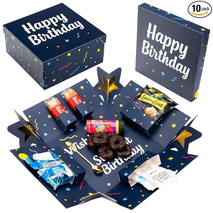 Explosion Gift Box with Treats – Premium Surprise Snack Box with Donuts, Cookies, Chips & More – Blank Design for Any Occasion – Party, Celebration, or Just Because Gift (Happy Birthday)