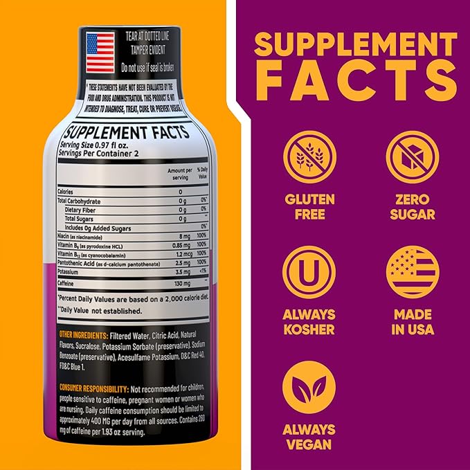 Grape Extra Strength Energy Shot 24 pk – 260mg Natural Caffeine B12 B6 – Energy & Focus Support – 2 Servings Sugar Free Zero Calorie Green Tea B-Vitamins Electrolytes Vegan – 1.93 fl oz