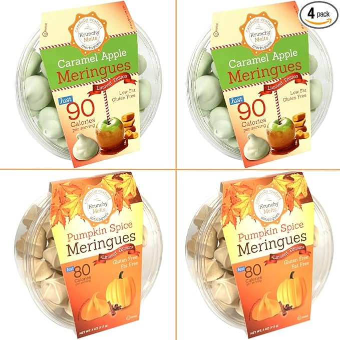 4 Pack Krunchy Melts Original Meringue Cookies | Harvest Season 4-Pack | 2 Caramel Apple, 2 Pumpkin Spice | Only 80-90 Calories Per Serving | Low Fat/Fat Free, Gluten Free, Dairy Free (4 Oz)