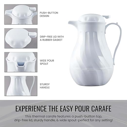 OCS Parts Easy Pour Thermal Coffee Carafe | 11-Inch Insulated Hot and Cold Beverage Pitcher Server for Coffee, Tea, Hot Chocolate and Water with Colored Tags for Easy Idenfication | 64-Ounce | White