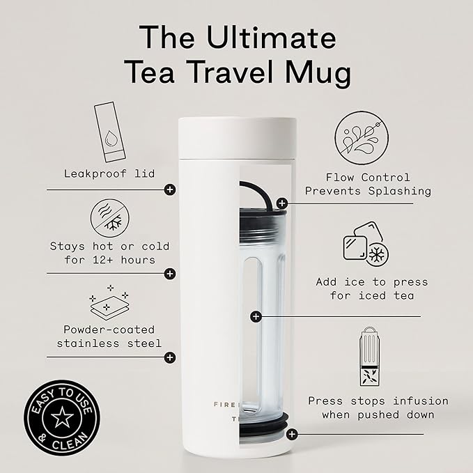 Firebelly Tea, Travel Tea Infuser Mug with Strainer, Insulated Tumbler for Loose Leaf Tea or Coffee, Leakproof Bottle for Hot or Iced Drinks, Stainless Steel Thermos with Lid, Blanc