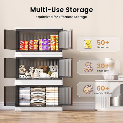 19Gal Collapsible Storage Bins with Lids & Wheels - 1 Pack Stackable with Doors, Heavy-Duty Plastic Containers for Home/Office, White