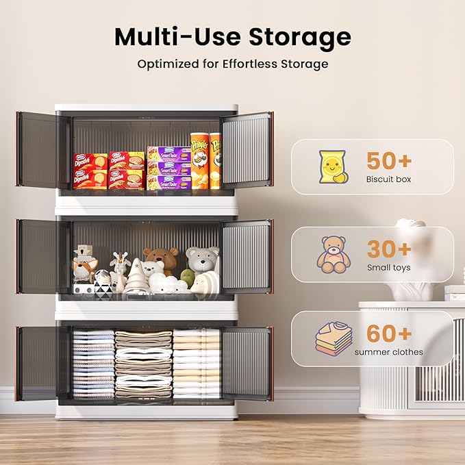 19Gal Collapsible Storage Bins with Lids & Wheels - 3 Pack Stackable with Doors, Heavy-Duty Plastic Containers for Home/Office, White